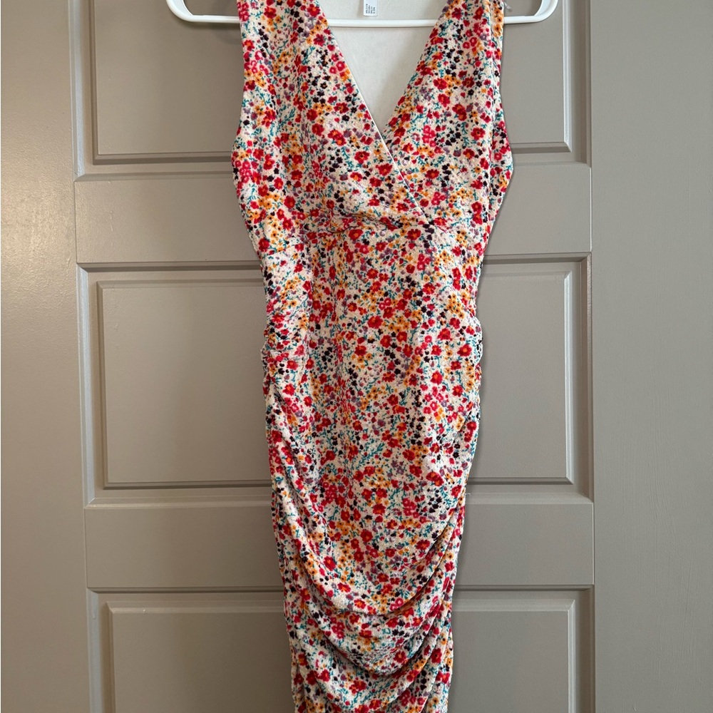 Leith Red and White Ruched Bodycon Midi Dress